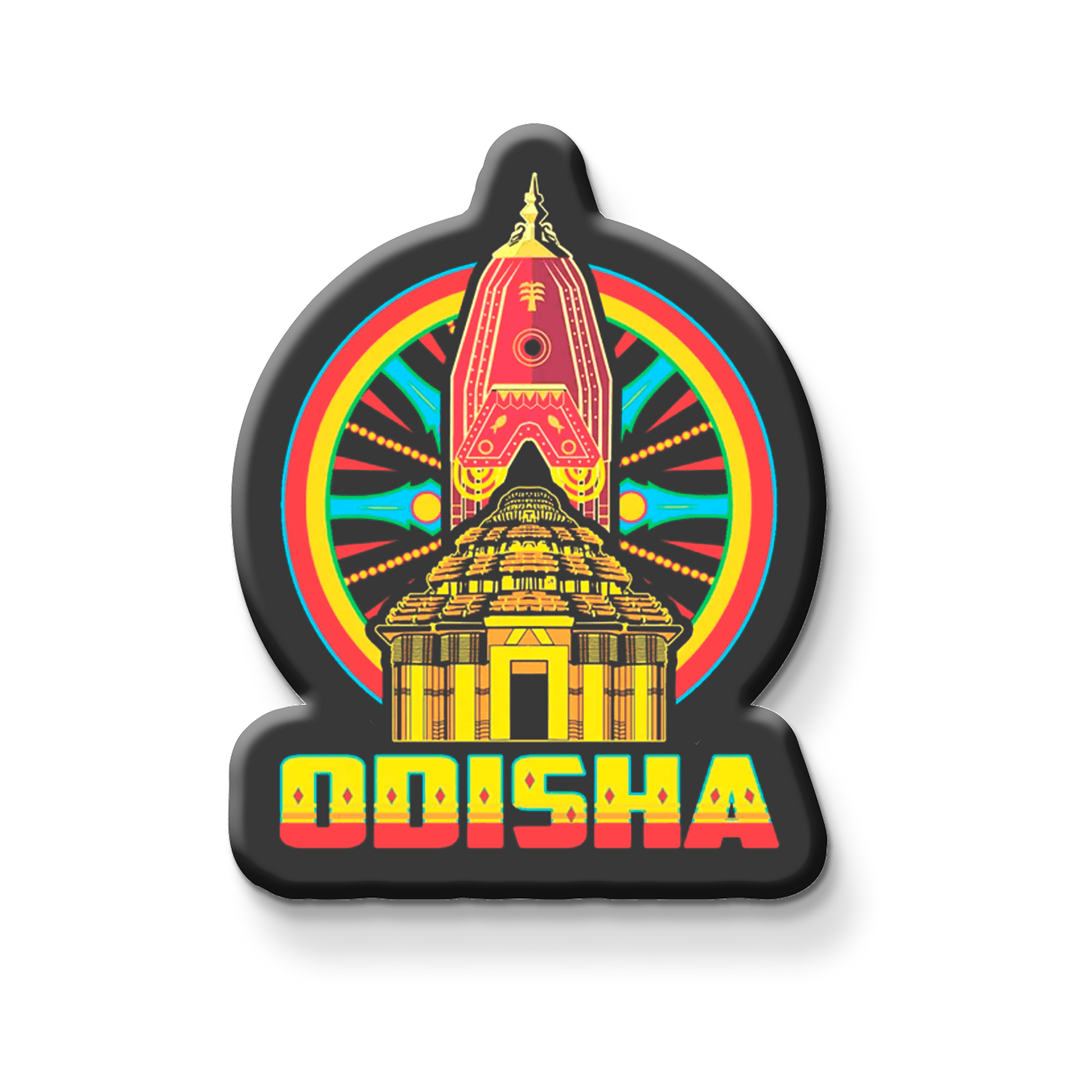Decorative magnet with a colorful design and 'Odisha' text on a metallic surface