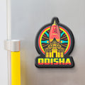 Decorative magnet with a colorful design and 'Odisha' text on a metallic surface