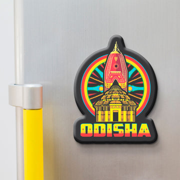 Decorative magnet with a colorful design and 'Odisha' text on a metallic surface