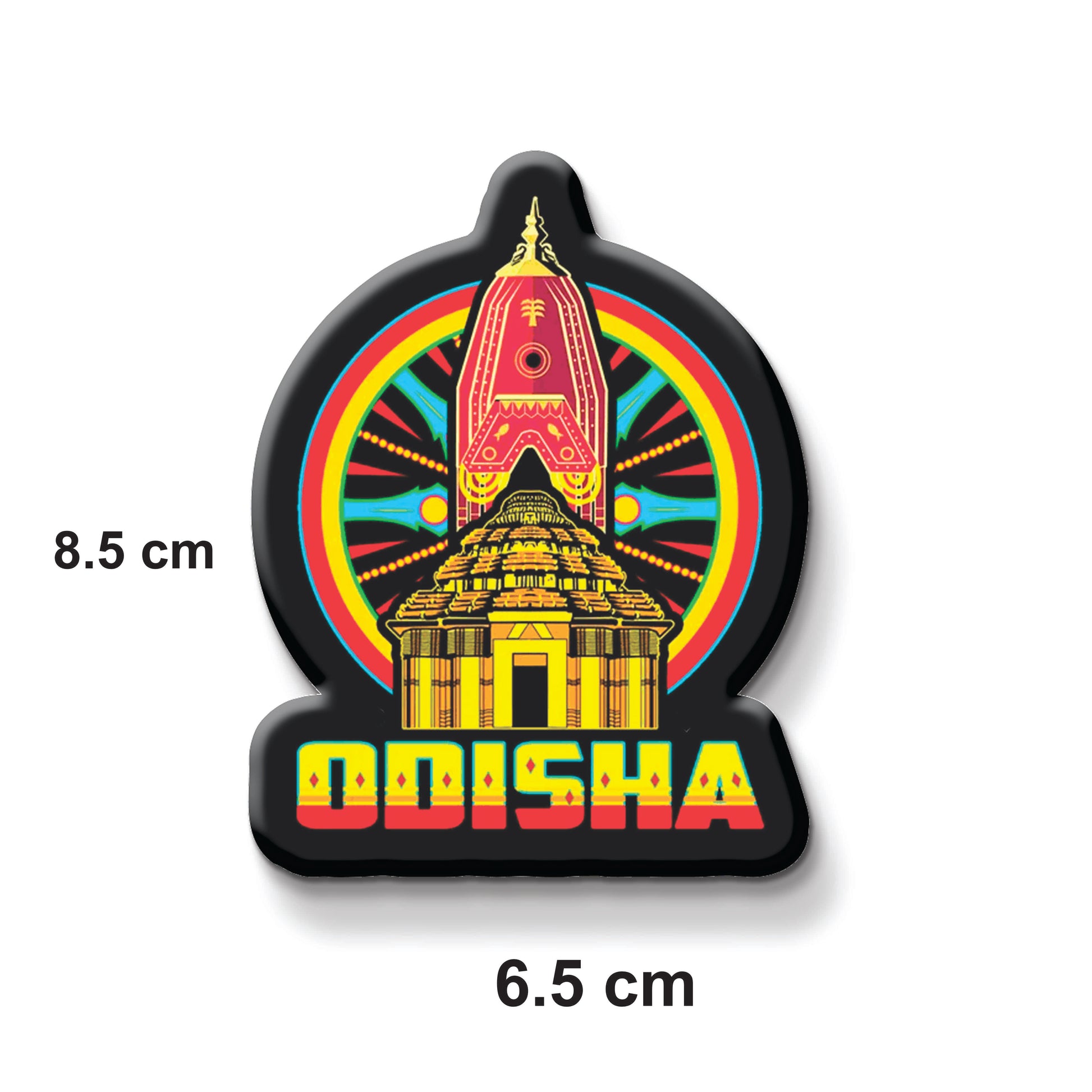 Decorative magnet with a colorful design and 'Odisha' text on a metallic surface