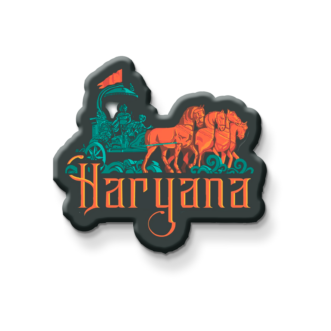Decorative 'Haryana' logo magnet on a refrigerator door