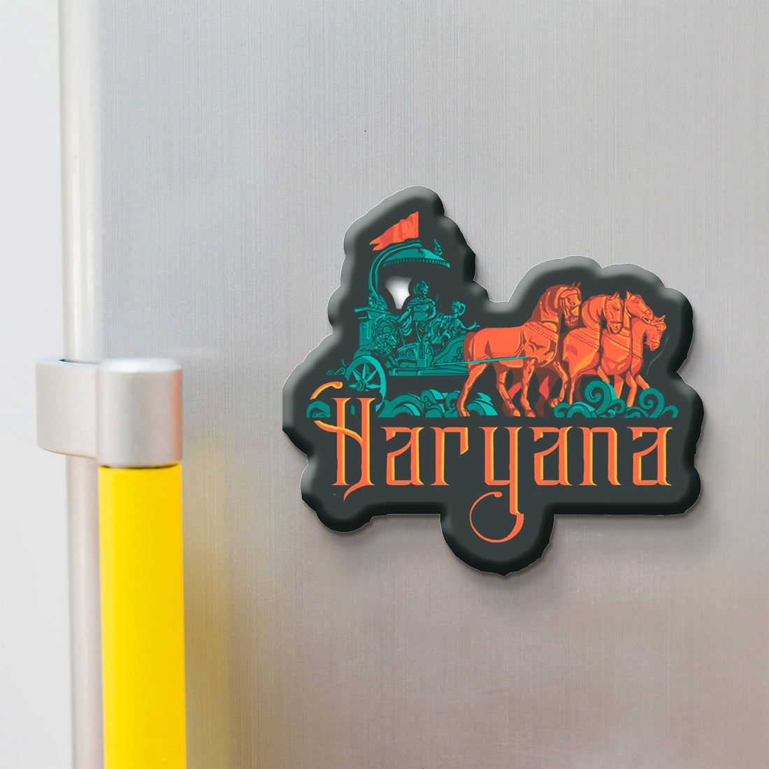 Decorative 'Haryana' logo magnet on a refrigerator door