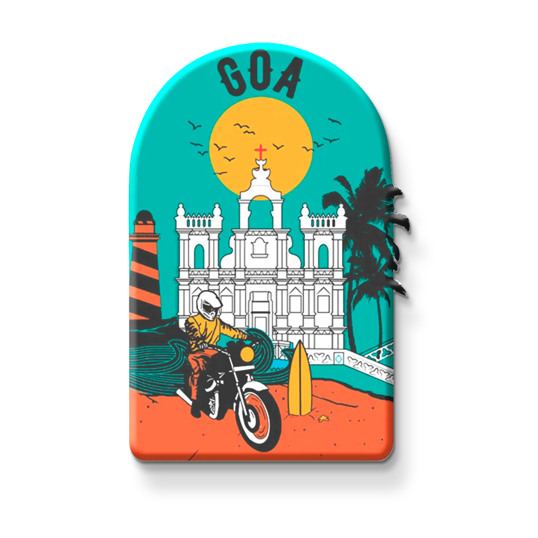 Decorative magnet with a design of a building, palm trees, and a person on a motorcycle on a metallic surface.