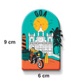Colorful skateboard deck with a design of a lighthouse, church, and palm tree, featuring the word 'GOA'.