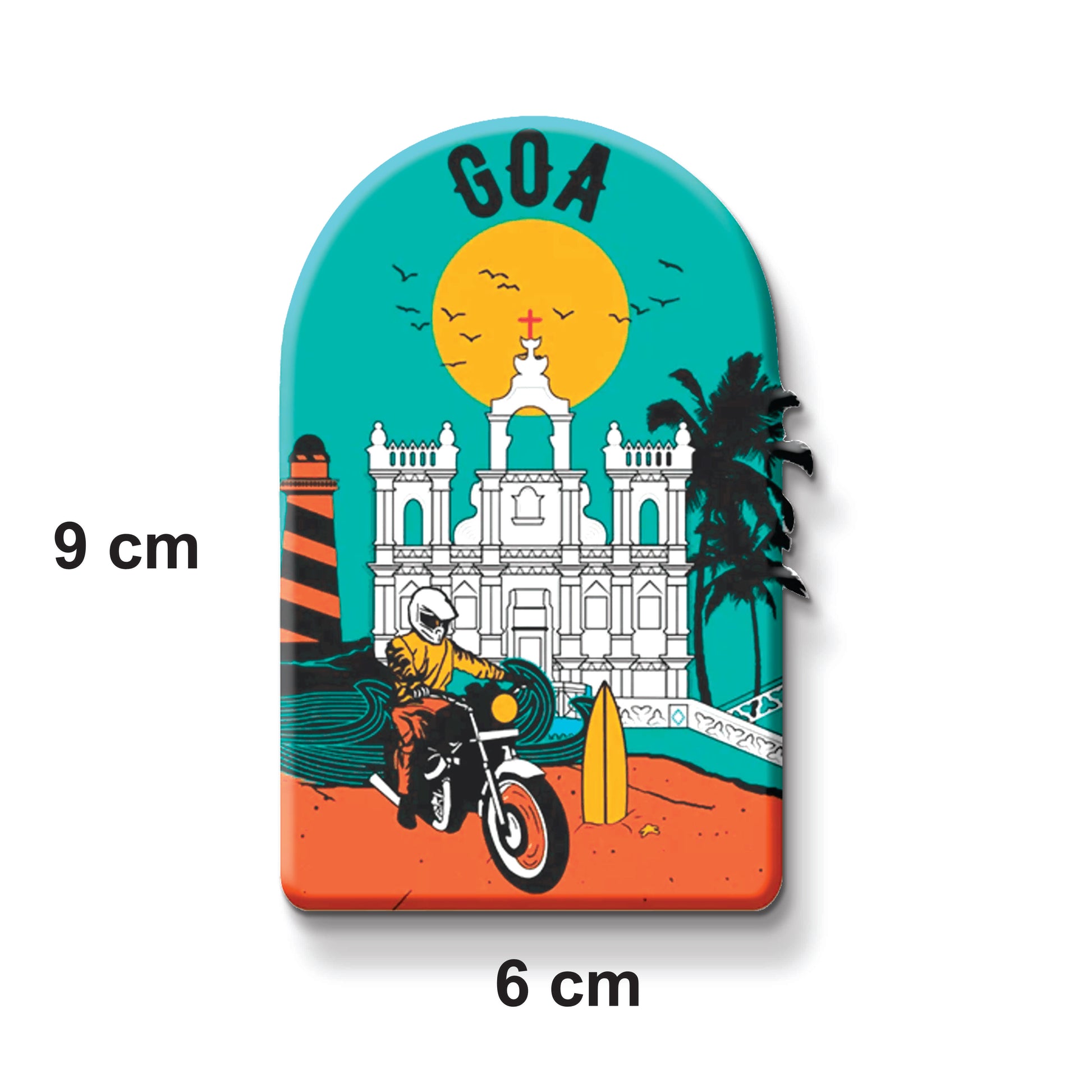 Colorful skateboard deck with a design of a lighthouse, church, and palm tree, featuring the word 'GOA'.