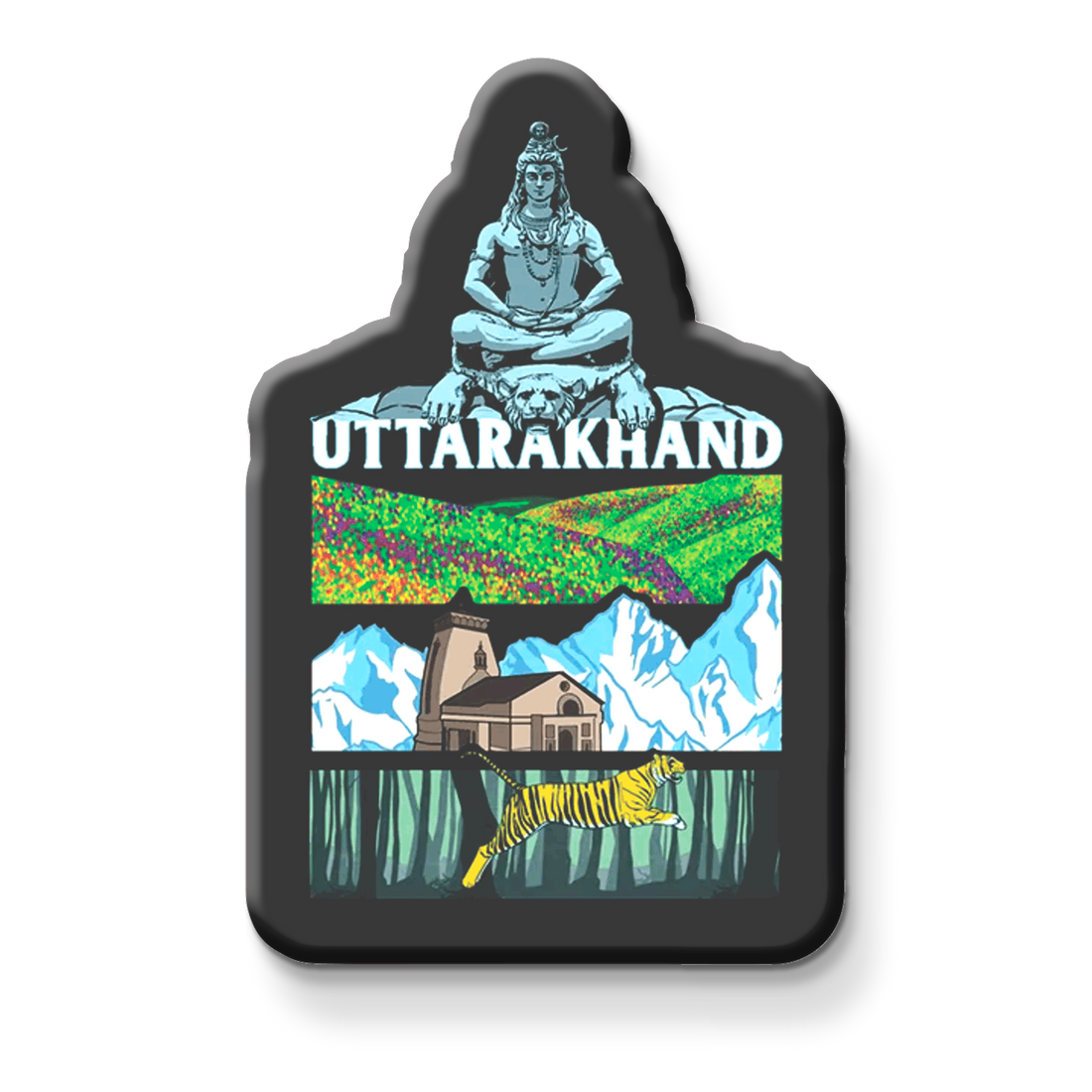 Fridge magnet with 'Uttarakhand' design featuring a mountain, house, and nature on a metallic surface.