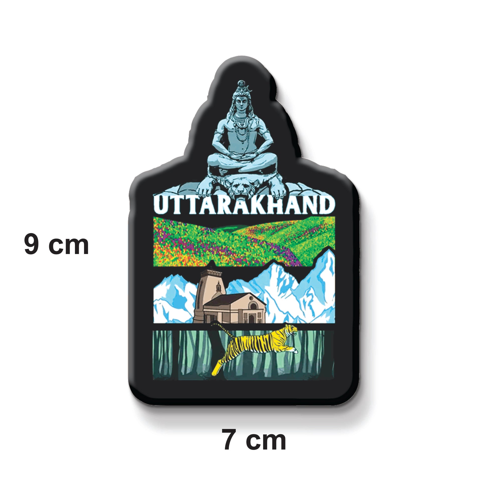 Fridge magnet with 'Uttarakhand' design featuring a mountain, house, and nature on a metallic surface.