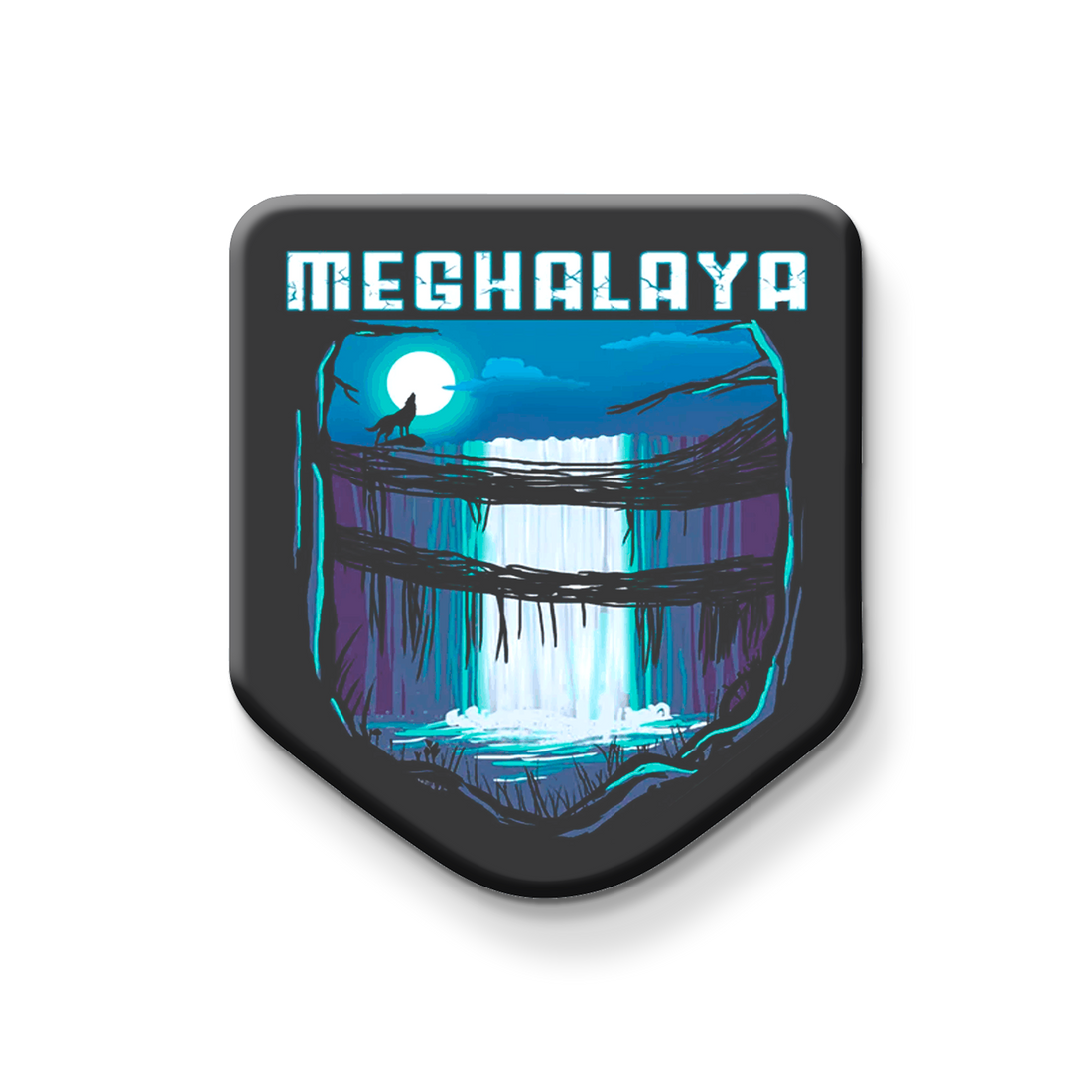 Fridge magnet with a design of a waterfall and 'MEGHALAYA' text on a metallic surface.