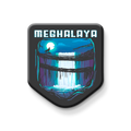 Decorative sign with 'Meghalaya' text and a scenic design on a white background