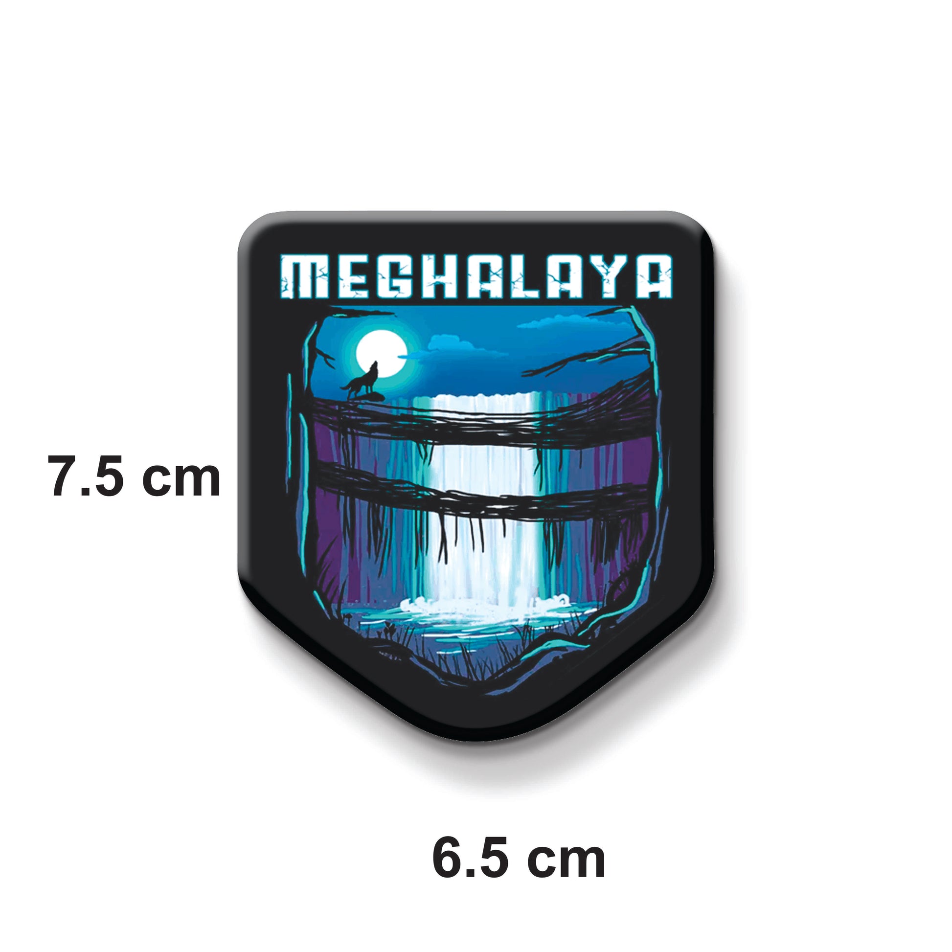 Fridge magnet with a design of a waterfall and 'MEGHALAYA' text on a metallic surface.