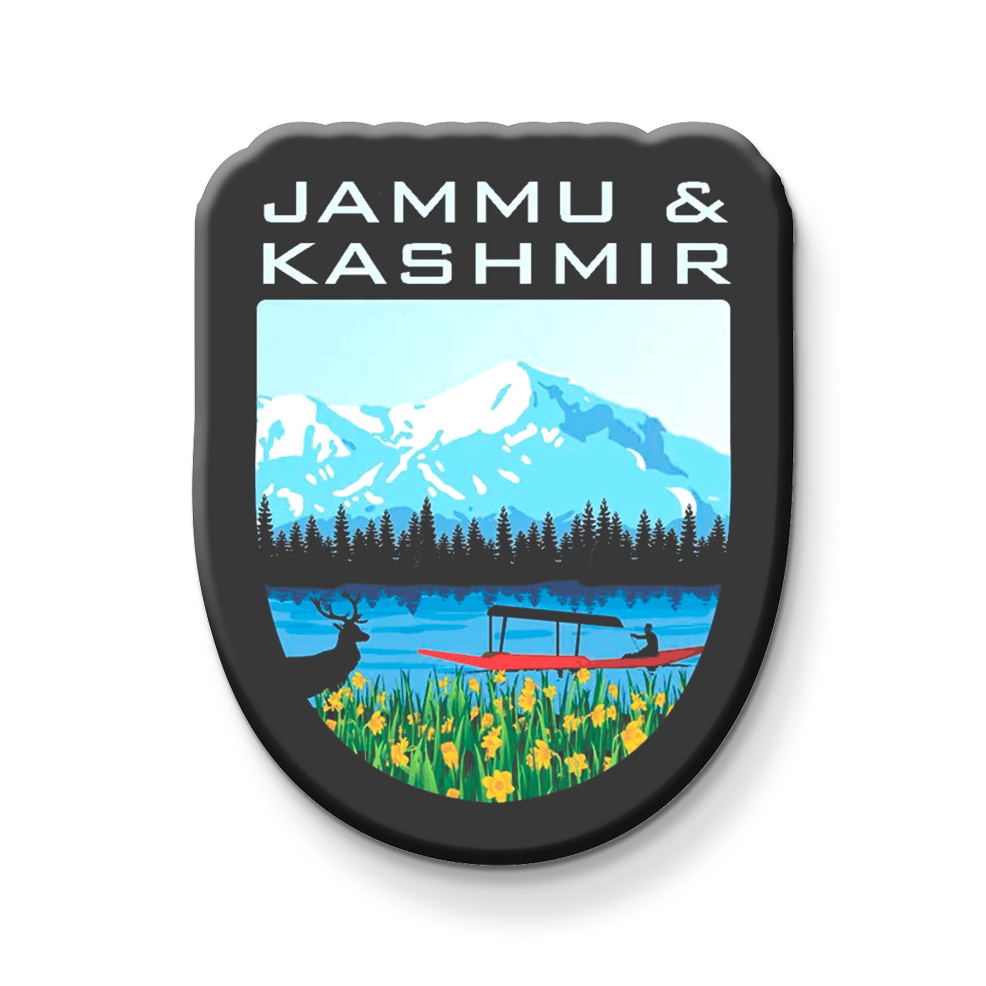 Magnet with 'Jammu & Kashmir' text and scenic design on a white background