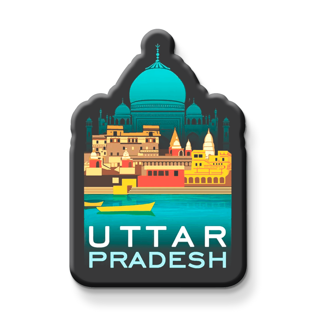 Fridge magnet with a colorful design of a famous landmark and 'Uttar Pradesh' text on a metallic surface.