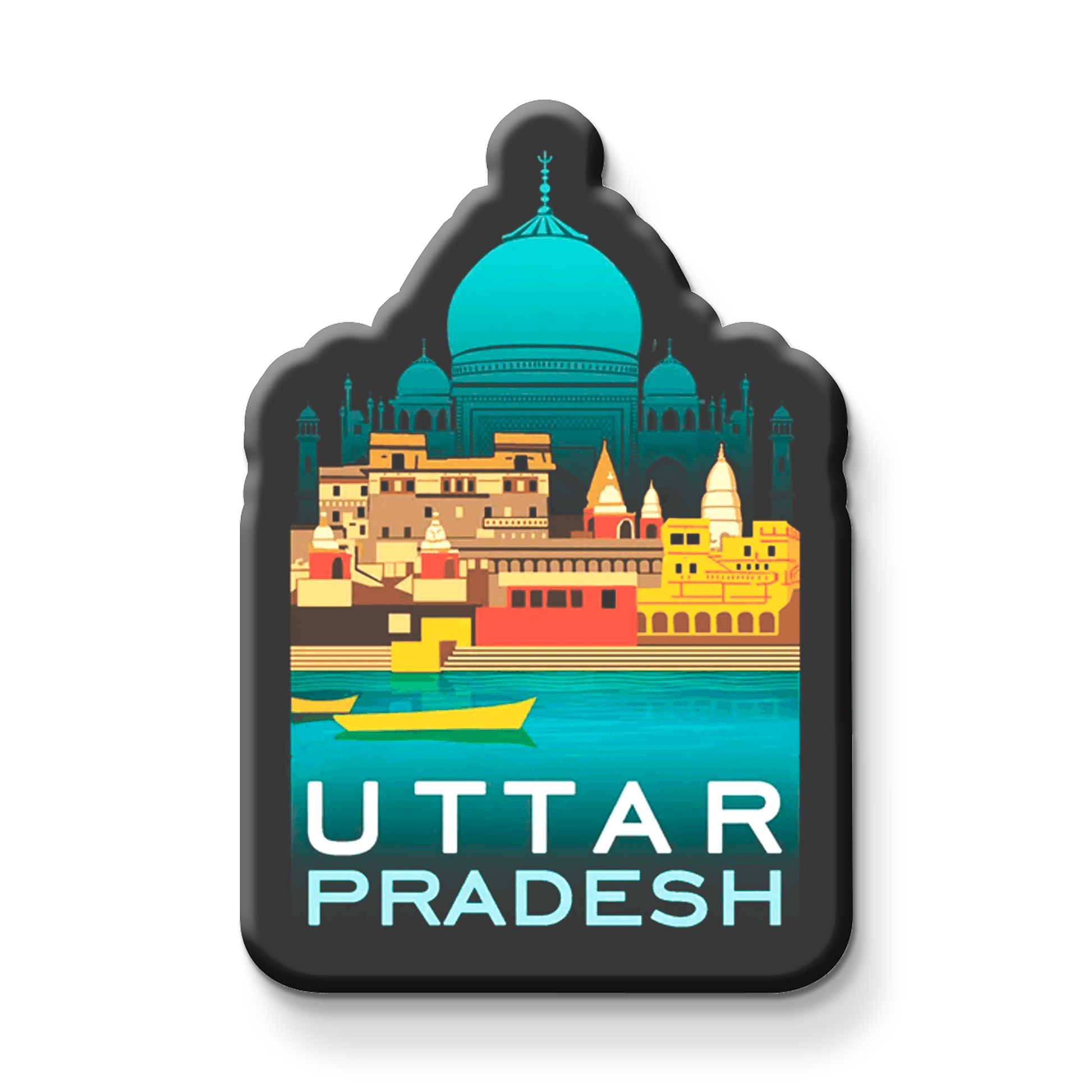 Fridge magnet with a colorful design of a famous landmark and 'Uttar Pradesh' text on a metallic surface.