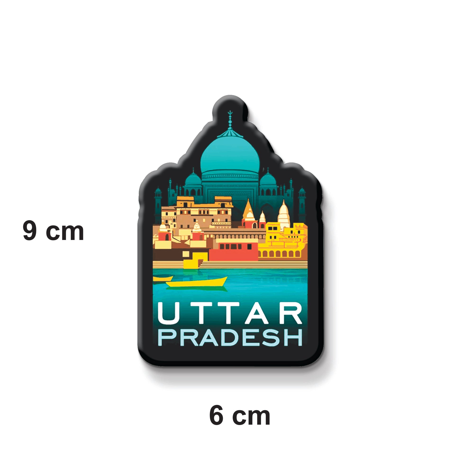 Fridge magnet with 'Uttar Pradesh' text and architectural design, showing dimensions on a white background.