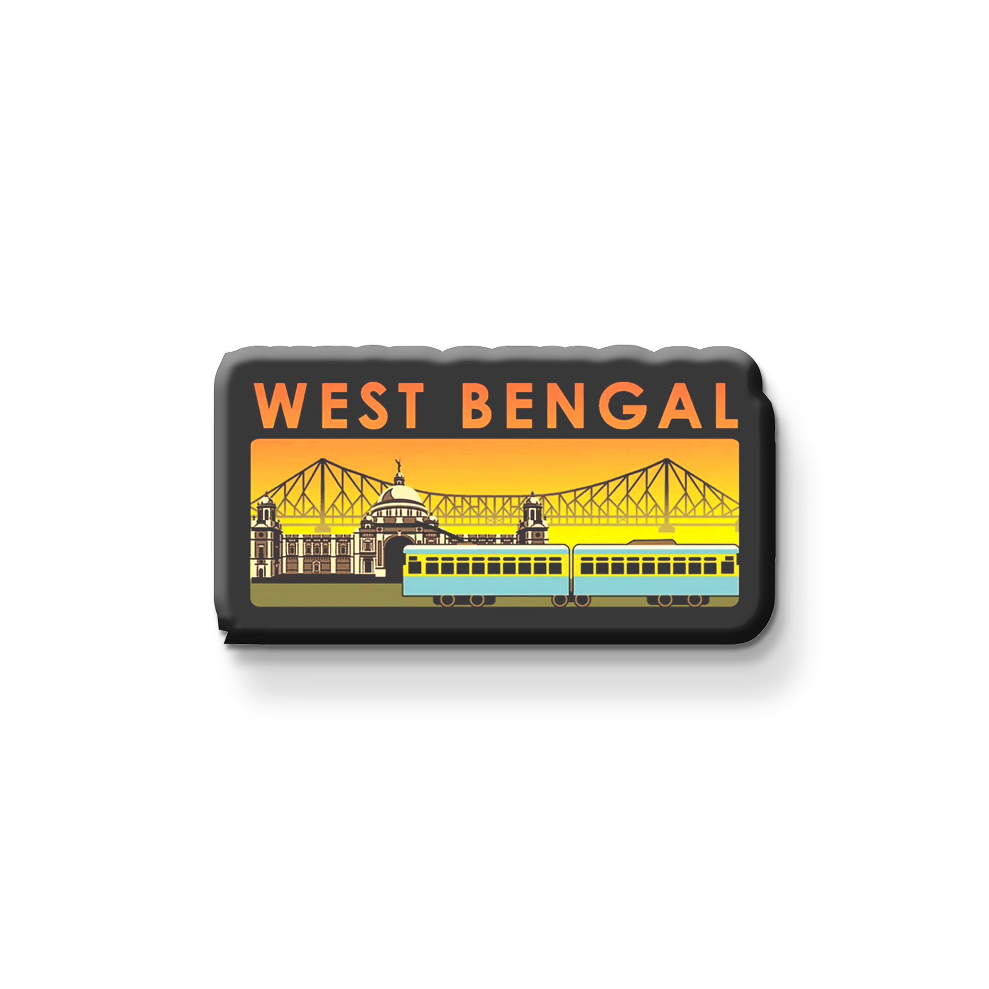 Fridge magnet with 'West Bengal' text and a train design on a metallic surface.