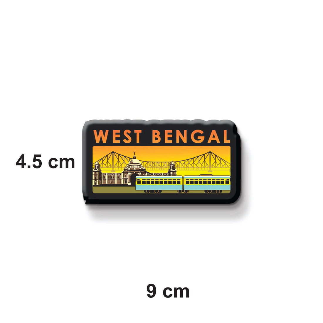 Fridge magnet with 'West Bengal' text and a train design on a metallic surface.