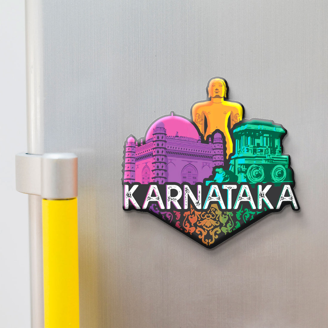 Colorful Karnataka-themed magnet on a refrigerator