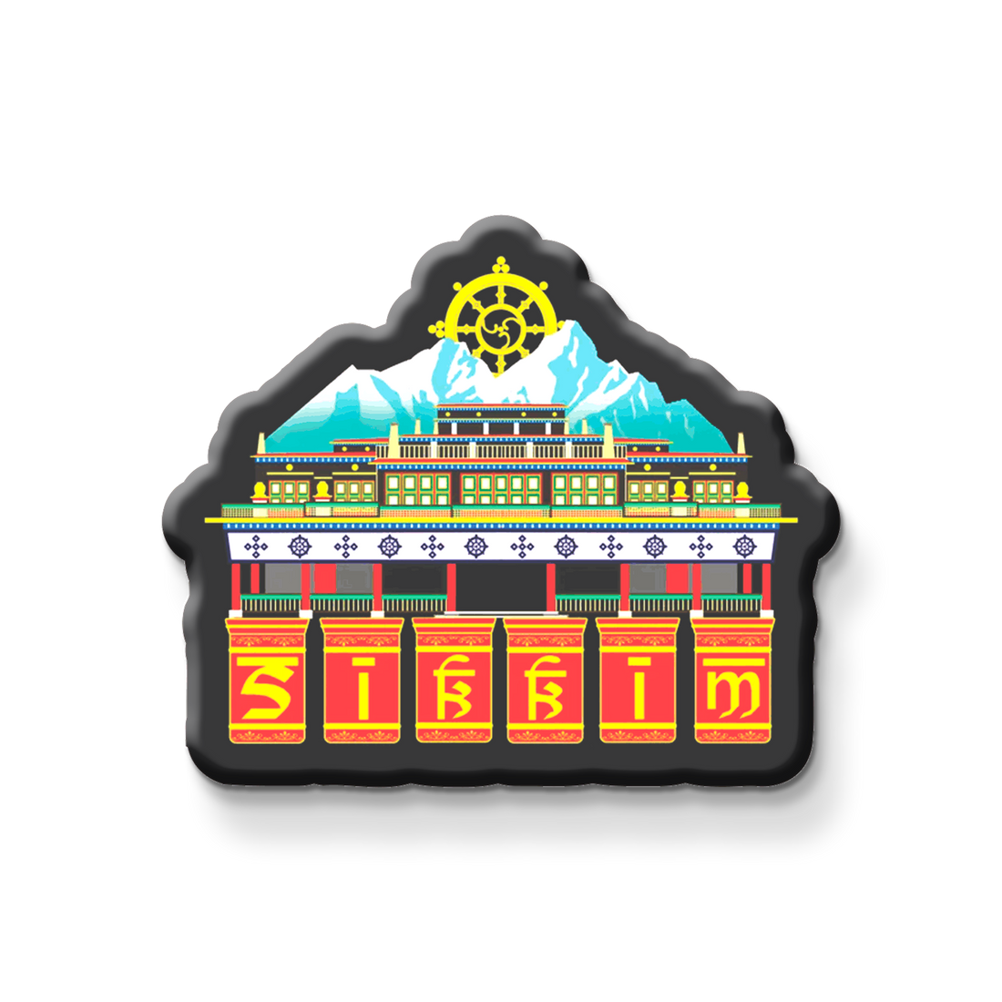 Decorative skkim magnet with a colorful design of a building and a mountain on a refrigerator.