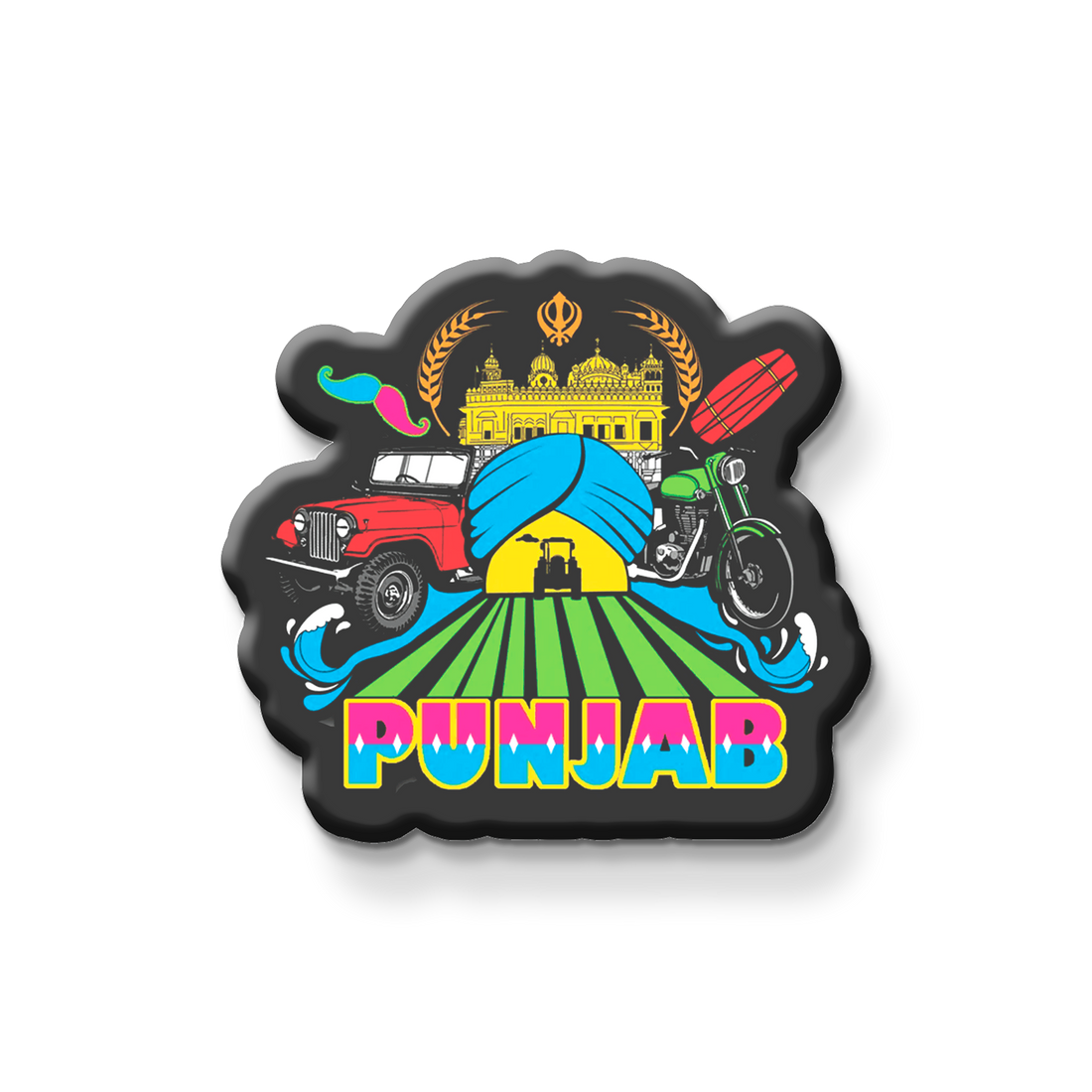 Colorful 'Punjab' magnet with a car, temple, and other elements on a refrigerator.