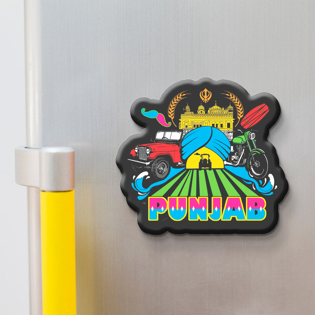 Colorful 'Punjab' magnet with a car, temple, and other elements on a refrigerator.