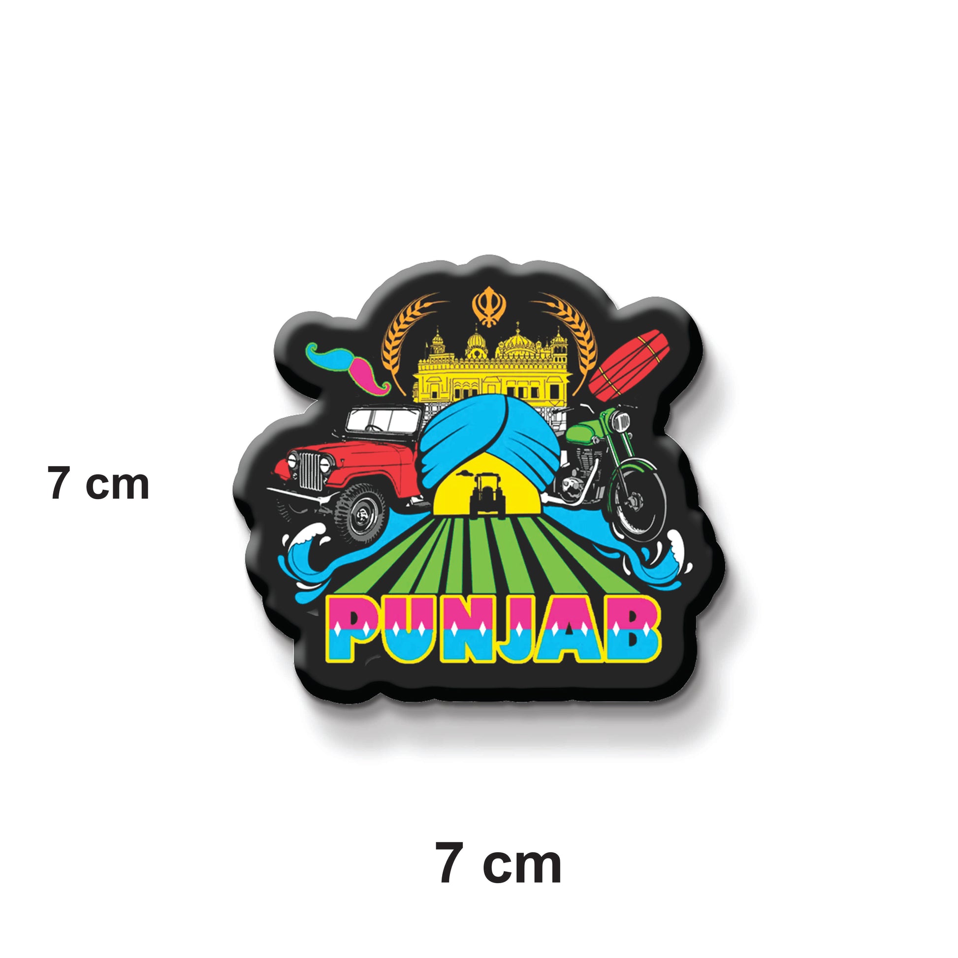Colorful 'Punjab' magnet with a car, temple, and other elements on a refrigerator.