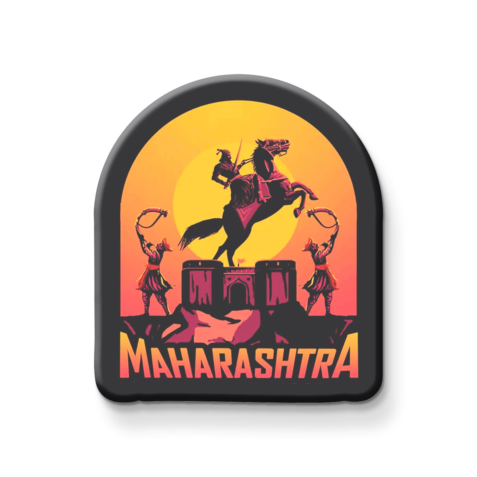 Decorative magnet with a horse and two people on a sunset background, featuring the word 'Maharashtra'.