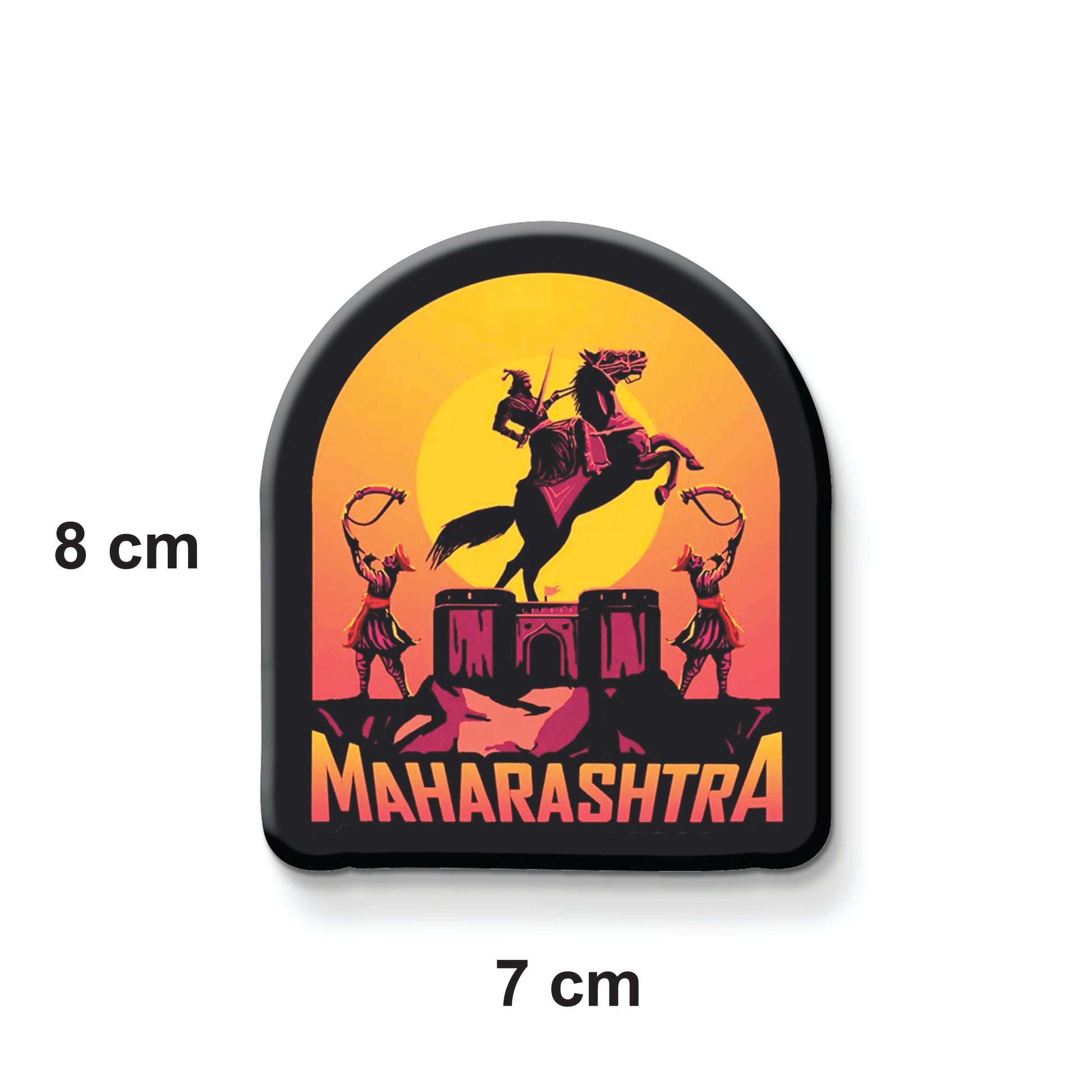Fridge magnet with a design of a Chatrapati Shivaji Maharaj, two guards, and the word 'Maharashtra' on a yellow and orange background.