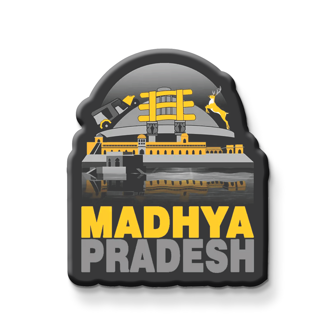 Fridge magnet with 'Madhya Pradesh' text and architectural design on a metallic surface.