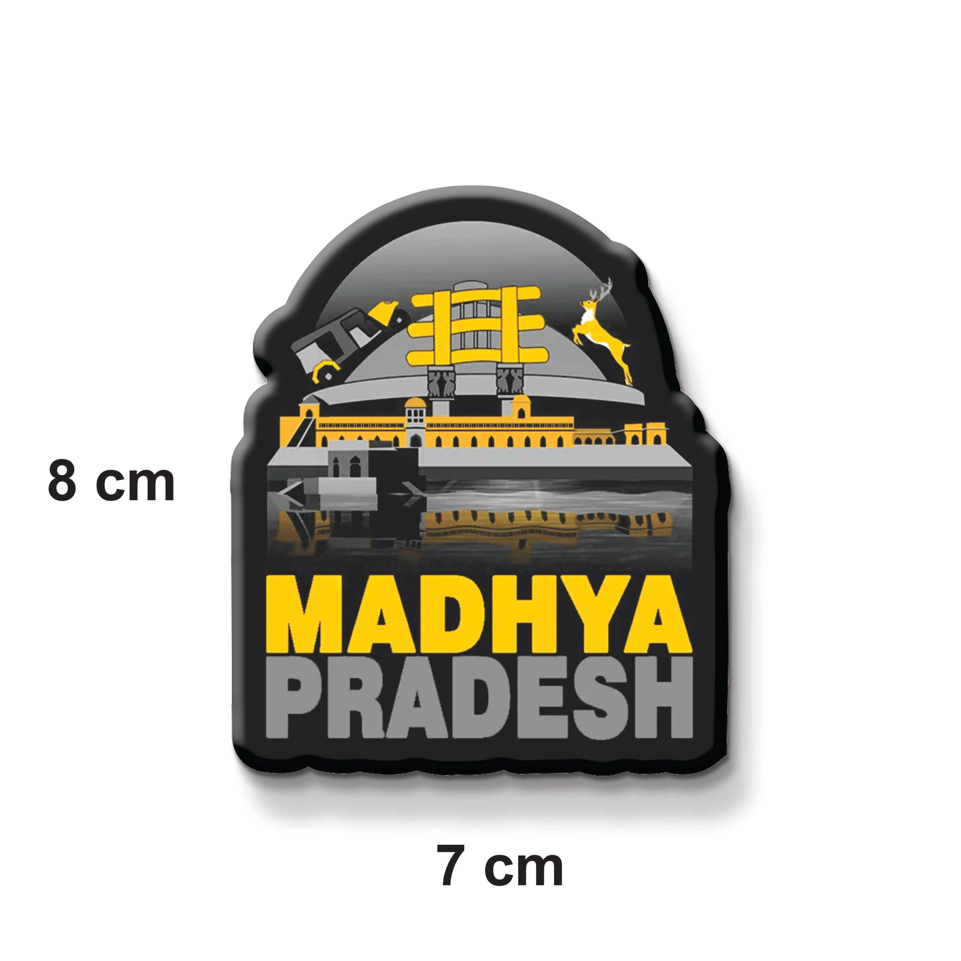 Magnet of Madhya Pradesh with architectural design and measurements on a white background