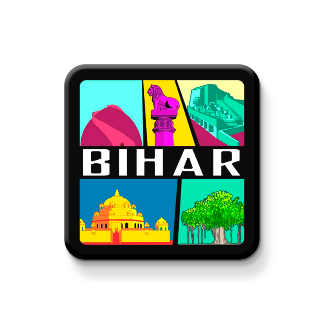Fridge magnet with colorful design of Bihar landmarks on a metallic surface.