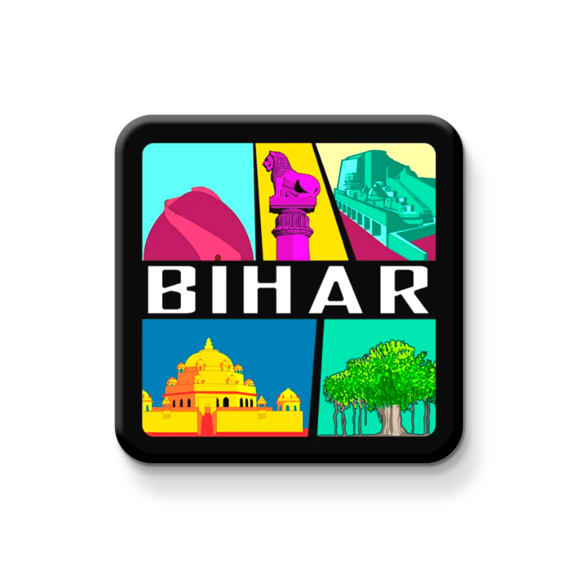 Colorful magnet with images of Bihar landmarks and the word 'BIHAR' on a white background