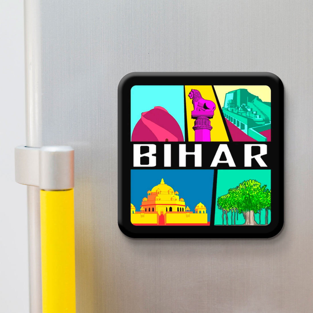 Fridge magnet with colorful design of Bihar landmarks on a metallic surface.