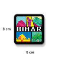 Colorful square magnet with 'BIHAR' text and various landmarks on a white background