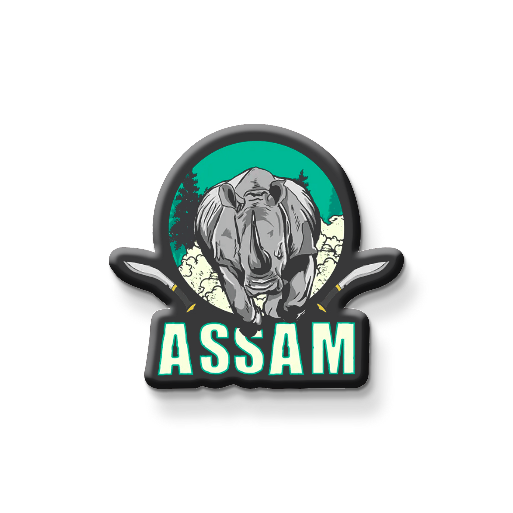 Magnet with a rhinoceros design and 'Assam' text on a white background