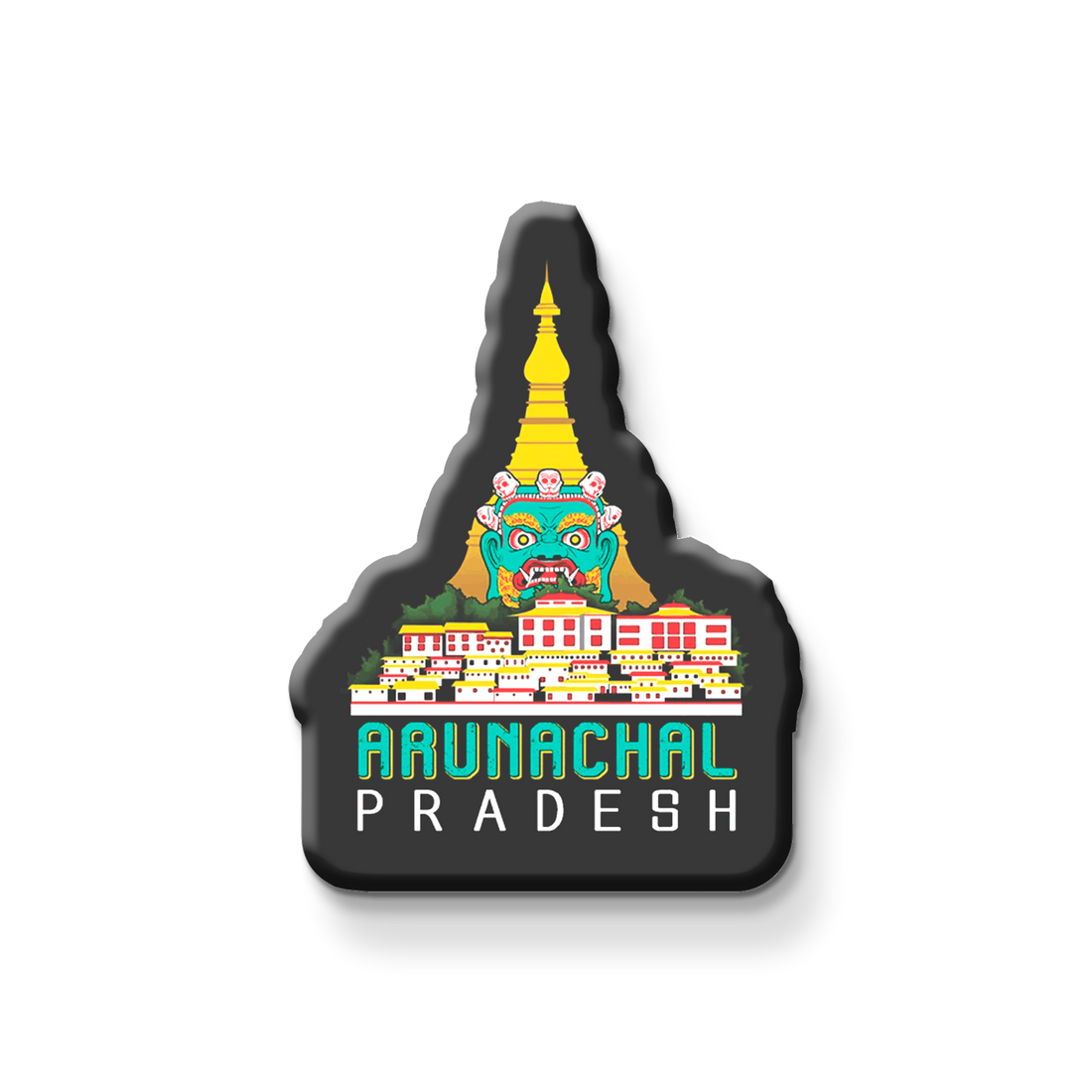 Fridge magnet shaped like Arunachal Pradesh with colorful design on a metallic surface