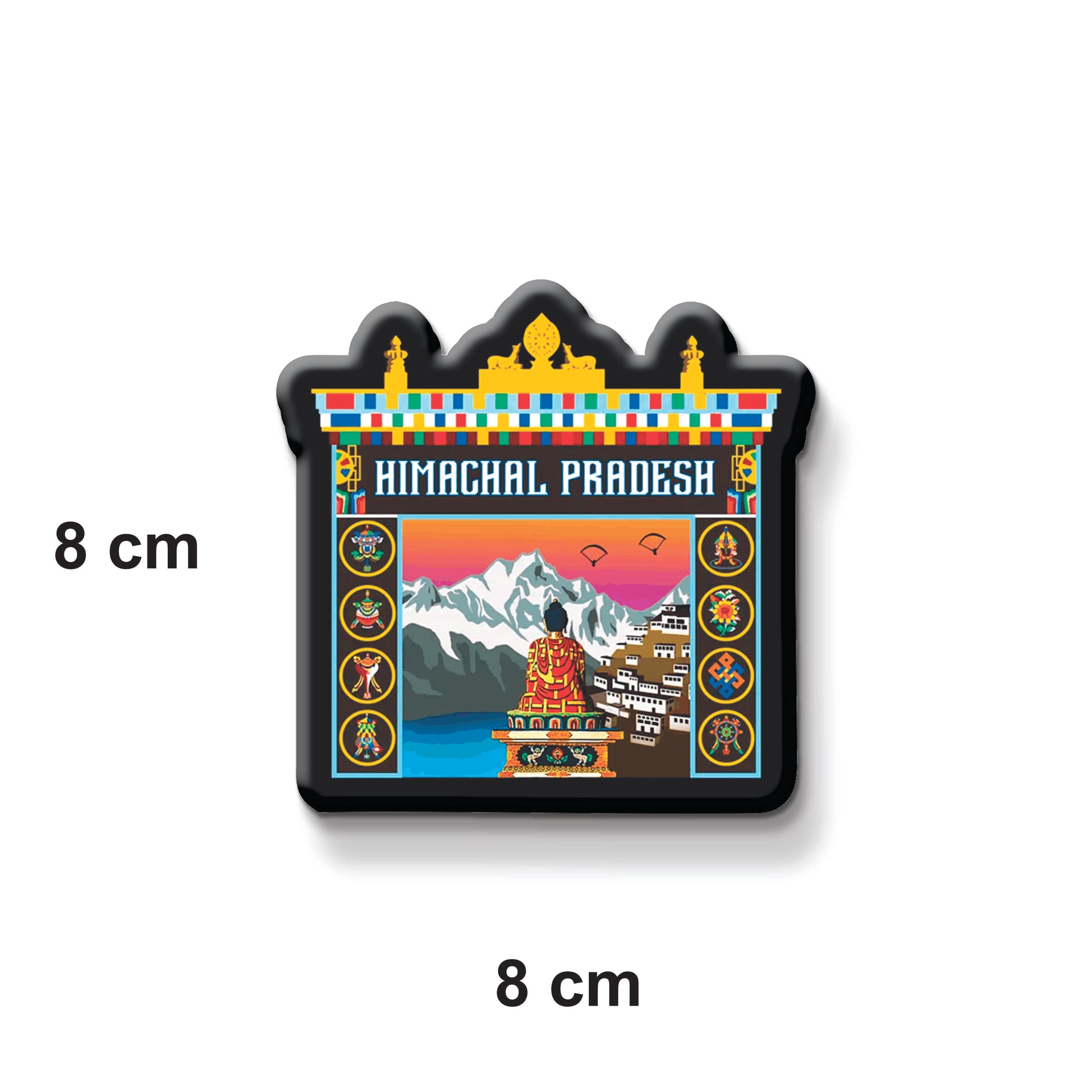 Fridge magnet with 'Himachal Pradesh' design and size measurement on a white background