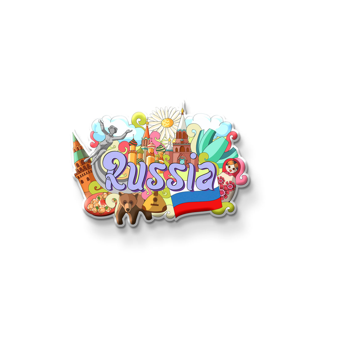 Colorful 'Russia' magnet with national symbols on a refrigerator.
