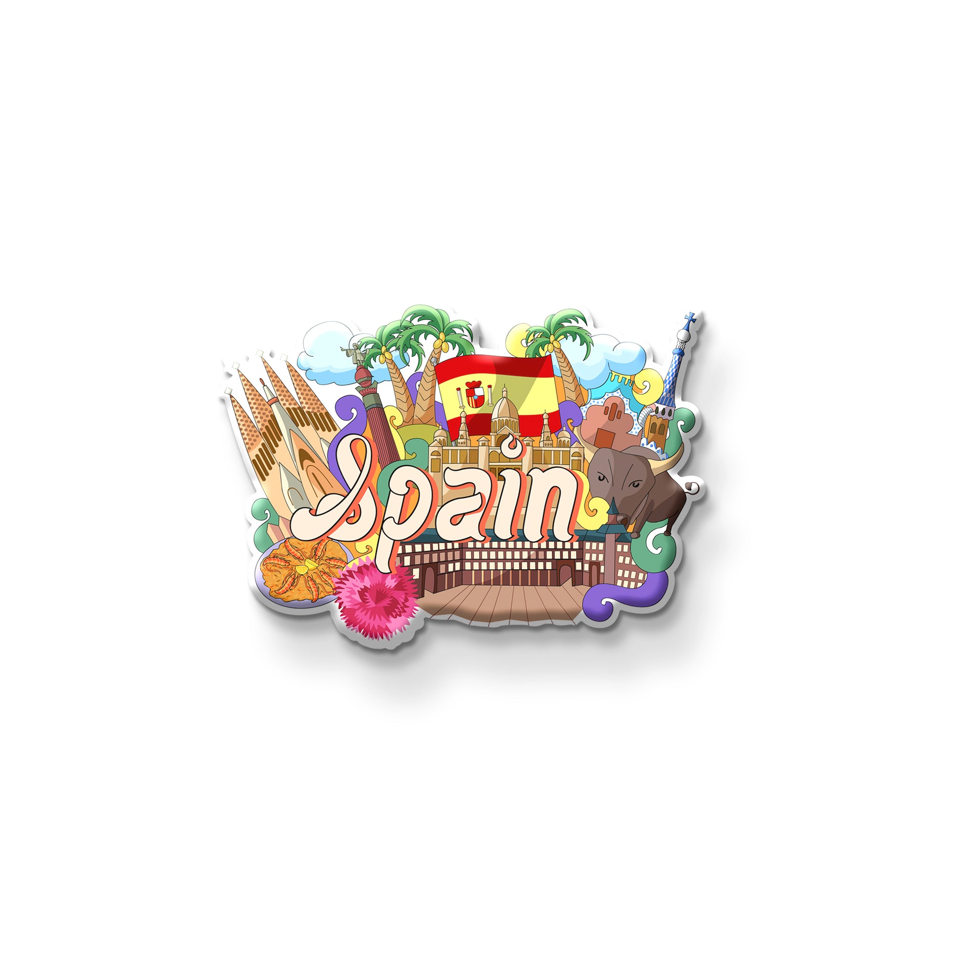 Colorful illustration of Spain with traditional symbols on a white background