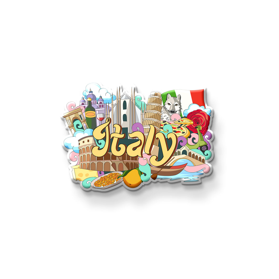 Colorful 'Italy' magnet with iconic symbols on a refrigerator.