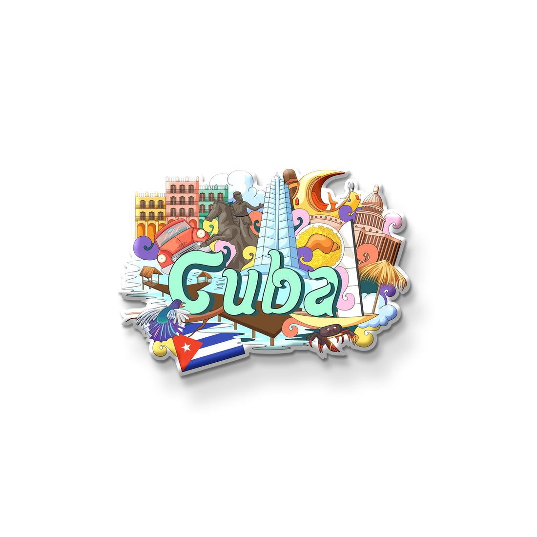 Colorful 'Guba' magnet with travel-themed design on a refrigerator.