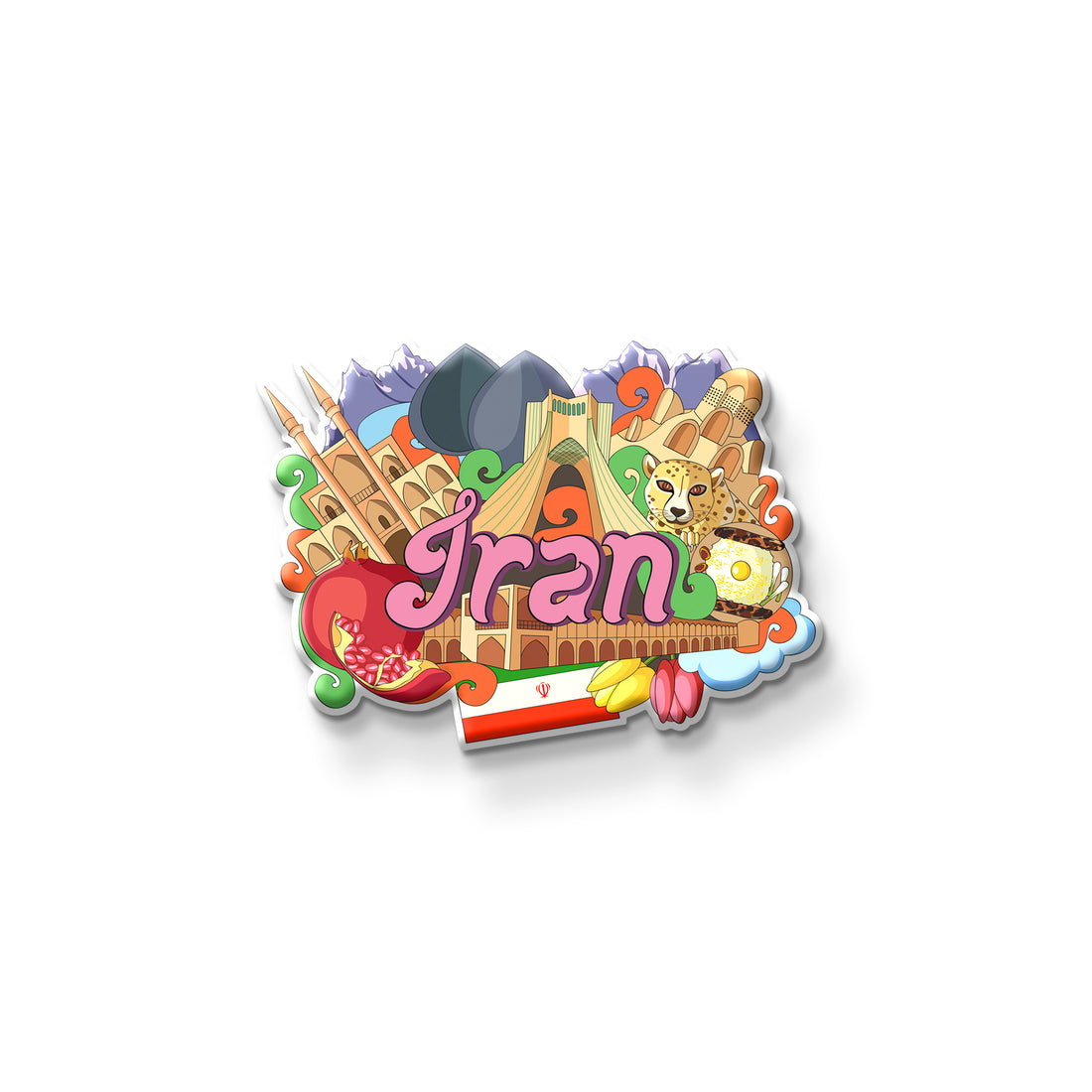 Colorful 'Iran' magnet with landmarks on a refrigerator