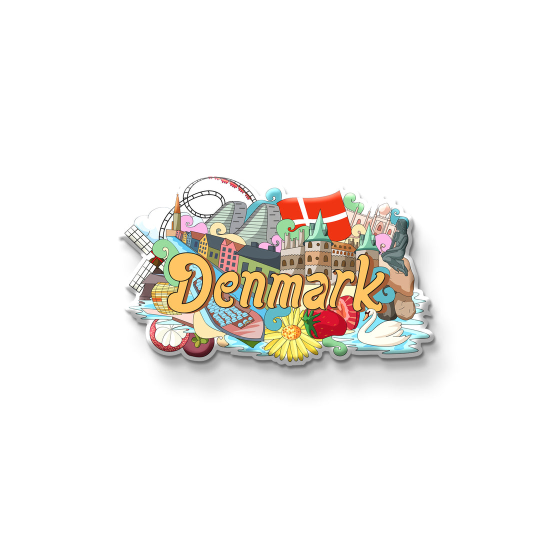 Fridge magnet with 'Denmark' text and various icons on a metallic surface