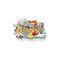 Colorful illustration of Denmark with various landmarks and symbols on a white background