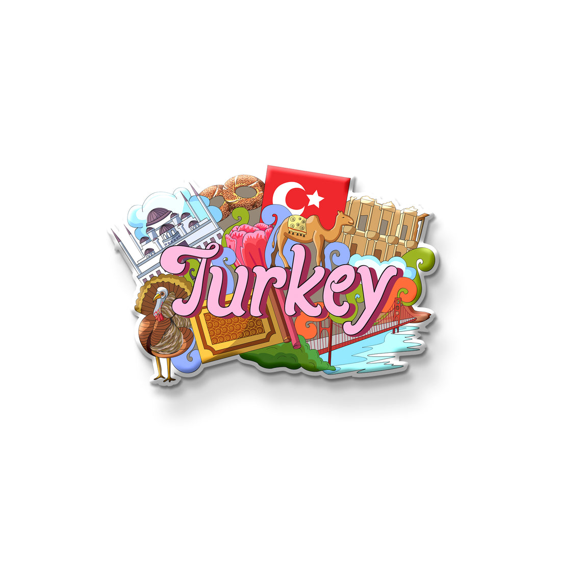 Fridge magnet shaped like Turkey with colorful design on a refrigerator.