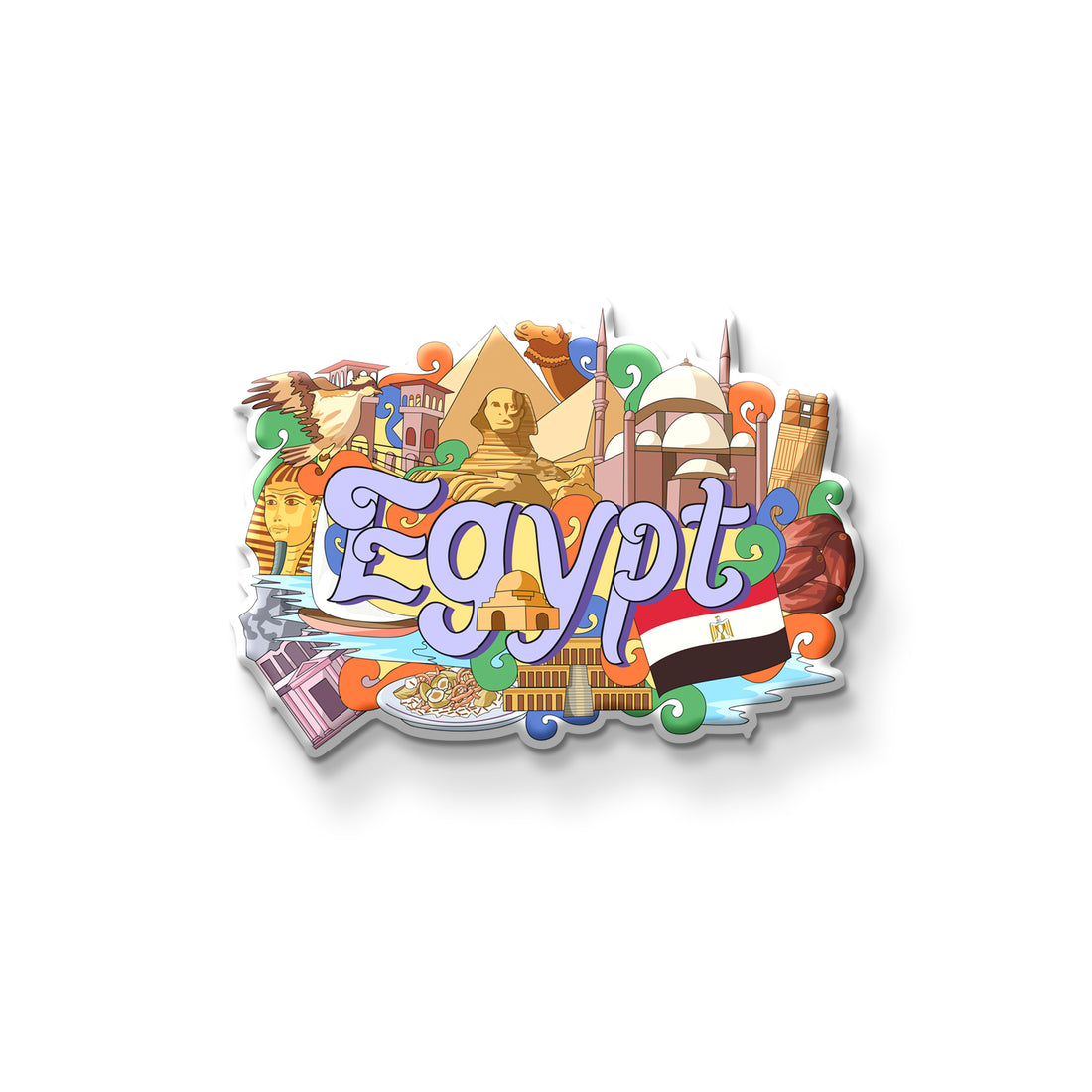 Colorful Egypt-themed magnet on a refrigerator door