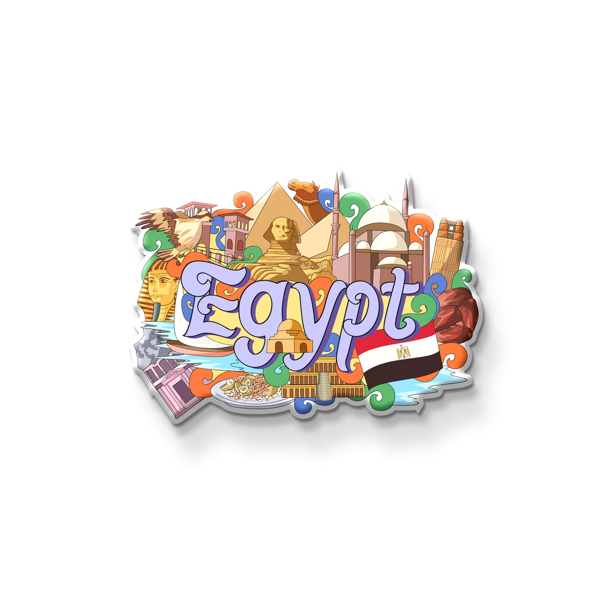 Colorful Egypt-themed design with pyramids, flags, and landmarks on a white background