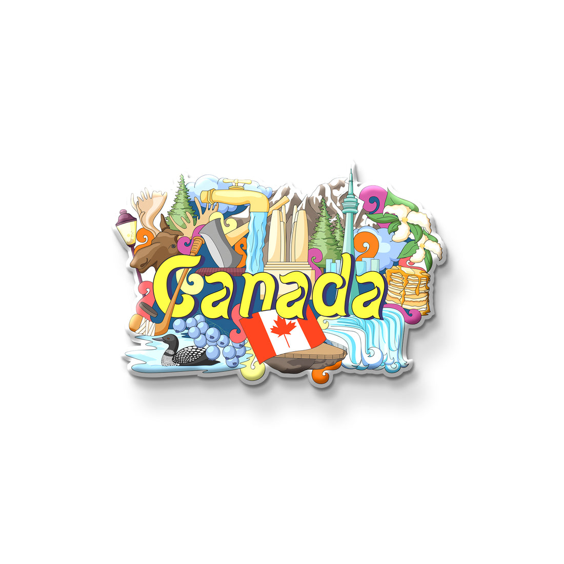 Colorful 'Canada' magnet with various icons on a refrigerator.