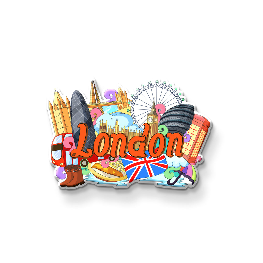 Fridge magnet with London-themed design featuring iconic British sights on a metallic surface.