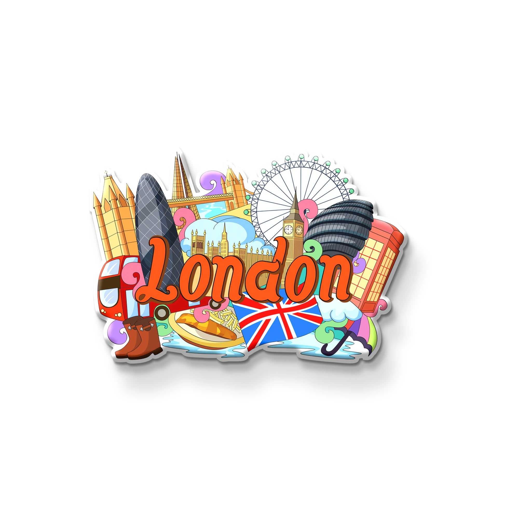 Stylized 'London' text with iconic British symbols on a white background