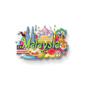Colorful magnet with Malaysia text and various symbols on a white background